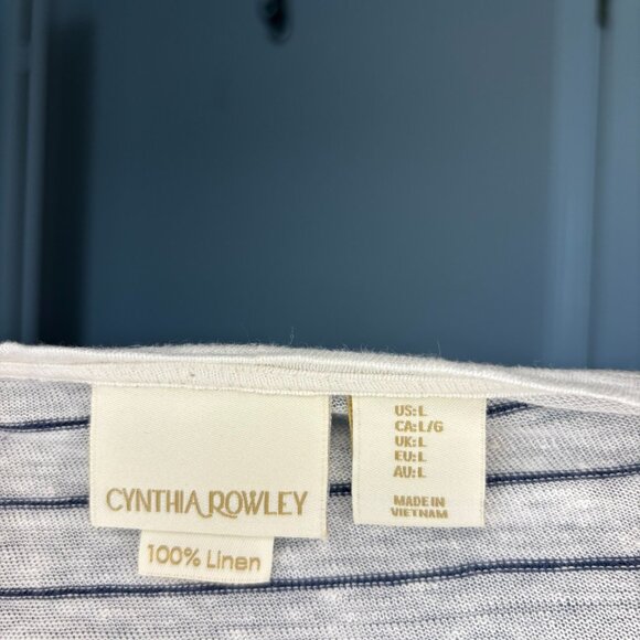 CYNTHIA ROWLEY 100% Linen Short Sleeve Tee Womens L V-Neck Navy Stripe Cream - Picture 6 of 6